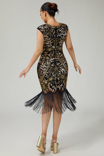 Fringed Sequined Bodycon Black Golden 1920s Dress